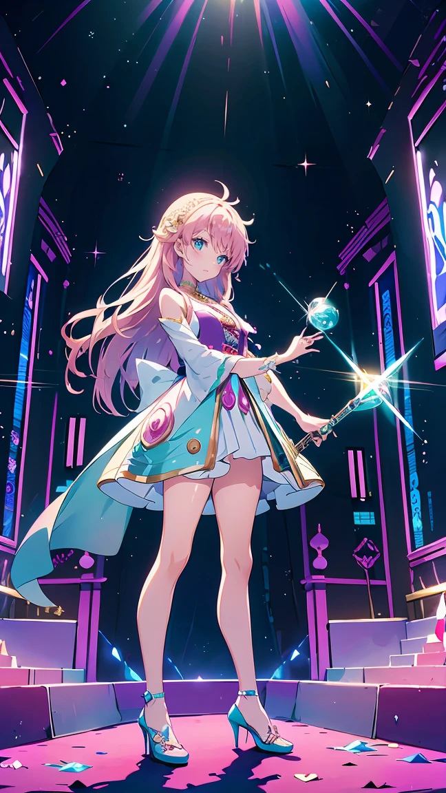 "Anime style digital fanart, set in a fantasy RPG setting, with a young bard as the main character. The girl is in a full body pose, front view, Emanating a combination of elegance and tenderness characteristic of the kawaii style. Wear a fluid and vibrant outfit, decorated with magical and musical symbols that glow softly, highlighting its connection with music and magic. Her long, wavy hair has pastel shades that reflect her cheerful personality.. The focal point of your outfit is your shoes.: delicate transparent crystal slippers with small heels, which give it an ethereal and fairy-tale appearance. The sneakers shine like glass, adding to the magical atmosphere of the stage. In one hand he holds a lute, ready to play a melody or cast a spell. Her large, expressive eyes convey confidence., as if he were about to perform a magic performance. The style mixes kawaii elements with traditional anime fantasy.."