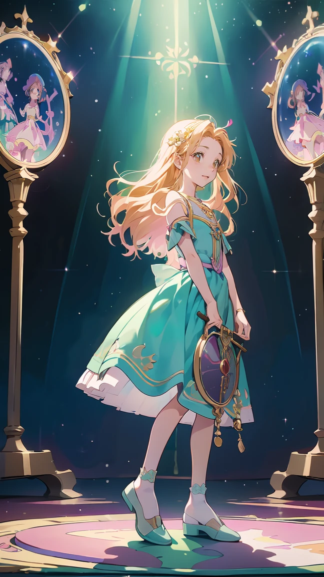 "Anime style digital fanart, set in a fantasy RPG setting, with a young bard as the main character. The girl is in a full body pose, front view, Emanating a combination of elegance and tenderness characteristic of the kawaii style. Wear a fluid and vibrant outfit, decorated with magical and musical symbols that glow softly, highlighting its connection with music and magic. Her long, wavy hair has pastel shades that reflect her cheerful personality.. The focal point of your outfit is your shoes.: delicate transparent crystal slippers with small heels, which give it an ethereal and fairy-tale appearance. The sneakers shine like glass, adding to the magical atmosphere of the stage. In one hand he holds a lute, ready to play a melody or cast a spell. Her large, expressive eyes convey confidence., as if he were about to perform a magic performance. The style mixes kawaii elements with traditional anime fantasy.."