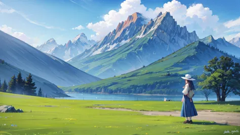 there was a woman wearing a hat standing on the grass, 2 ，there are distant mountains and blue sky in the background