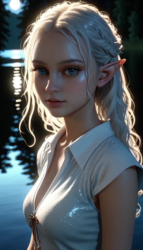 beautiful elf，beautiful，moonlight，lake water，wet，transparent，real light and shadow contrast，realistic ray tracing，true light fal...