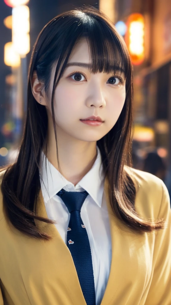 1 girl, (wearing a navy blazer,tie:1.2), Very beautiful Japanese idol portraits,(( Face close-up:1.3))
(RAW Photos, Highest quality), (Realistic, Realistic:1.4), (masterpiece), 
Very delicate and beautiful, Very detailed, 2k wallpaper, wonderful, finely, very detailed CG Unity 8K 壁紙, Very detailed, High resolution, Soft Light, 
Beautiful detailed girl, Very detailed目と顔, Beautiful and sophisticated nose, Big beautiful eyes, Cinema Lighting, 
(Shibuya cityscape:1.3),
(Medium Hair), (Parted bangs), 
Complete Anatomy, Slender body,Small breasts, Sensual look