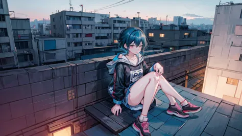 anime style scene of a woman sitting on a rooftop at night, lofi stylestyle, in the style of atey ghailan, lofi style, inspired ...