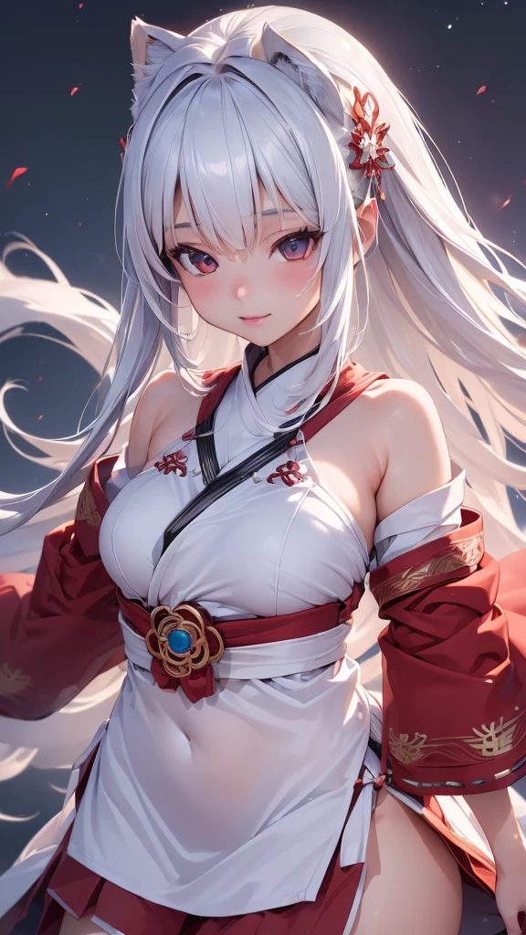 ((Ultra-detailed,Photorealistic,Ultra-high resolution,Highest quality,8k,Tabletop:1.3)), fox girl,miko,small breasts,mesugaki,Minimum body,silver hair