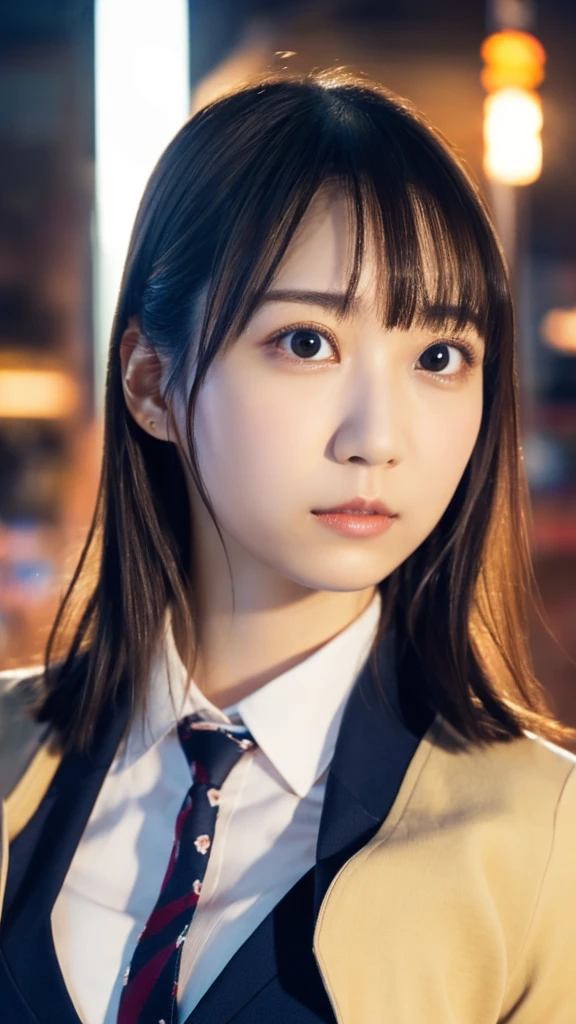 1 girl, (wearing a navy blazer,tie:1.2), Very beautiful Japanese idol portraits,(( Face close-up:1.3))
(RAW Photos, Highest quality), (Realistic, Realistic:1.4), (masterpiece), 
Very delicate and beautiful, Very detailed, 2k wallpaper, wonderful, finely, very detailed CG Unity 8K 壁紙, Very detailed, High resolution, Soft Light, 
Beautiful detailed girl, Very detailed目と顔, Beautiful and sophisticated nose, Big beautiful eyes, Cinema Lighting, 
(Shibuya cityscape:1.3),
(Medium Hair), (Parted bangs), 
Complete Anatomy, Slender body,Small breasts, Sensual look