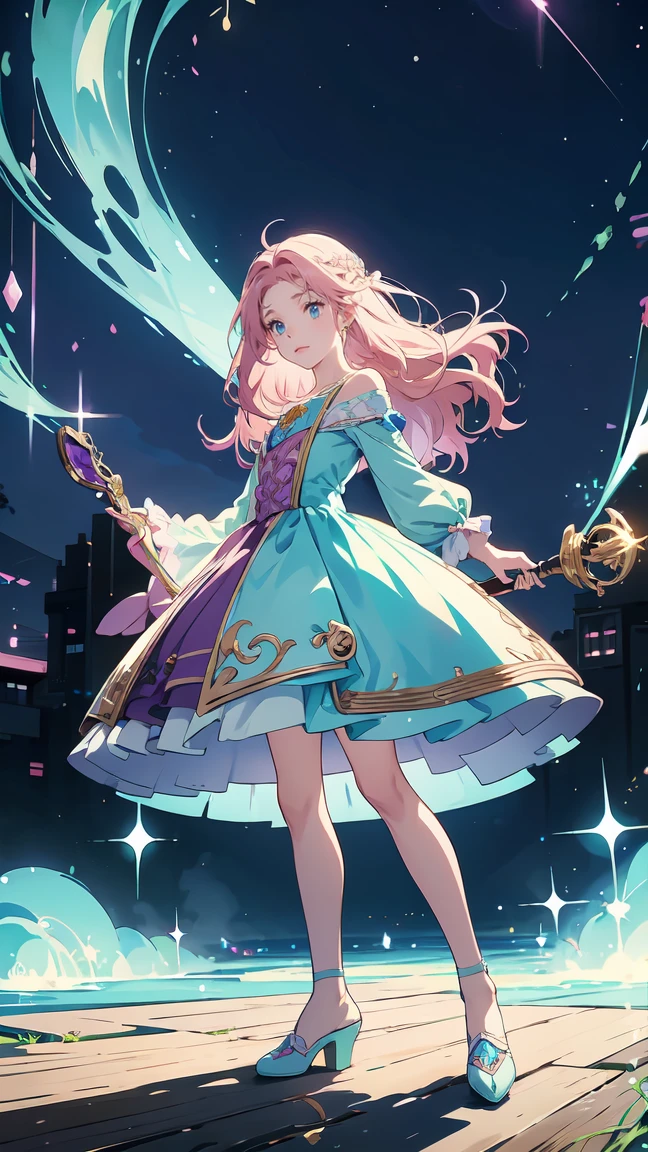 "Anime style digital fanart, fantasy rpg, with mature female bard as main character. The girl is in a full body pose, front view, Emanating a combination of elegance and tenderness characteristic of the kawaii style. Wear a fluid and vibrant outfit, decorated with magical and musical symbols that glow softly, highlighting its connection with music and magic. Her long, wavy hair has pastel shades that reflect her cheerful personality.. The focal point of your outfit is your shoes.: delicate transparent crystal slippers with small heels, which give it an ethereal and fairy-tale appearance. The sneakers shine like glass, adding to the magical atmosphere of the stage. In one hand he holds a lute, ready to play a melody or cast a spell. Her large, expressive eyes convey confidence., as if he were about to perform a magic performance. The style mixes kawaii elements with traditional anime fantasy.. Nandupal stile"