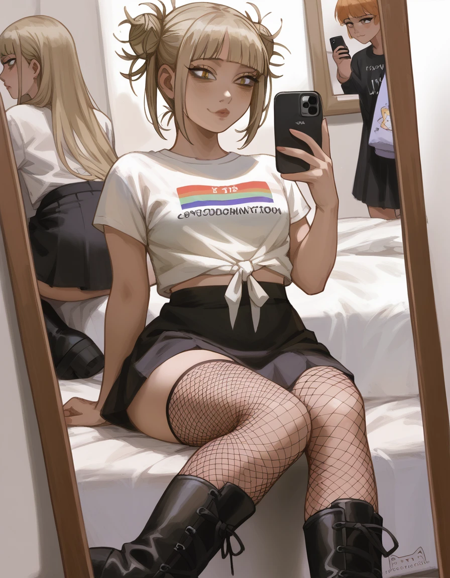 Himiko Toga taking a selfie in front of the mirror, (black fishnet stockings, black skirt, camiseta pequeña de tirantes negro and black boots 