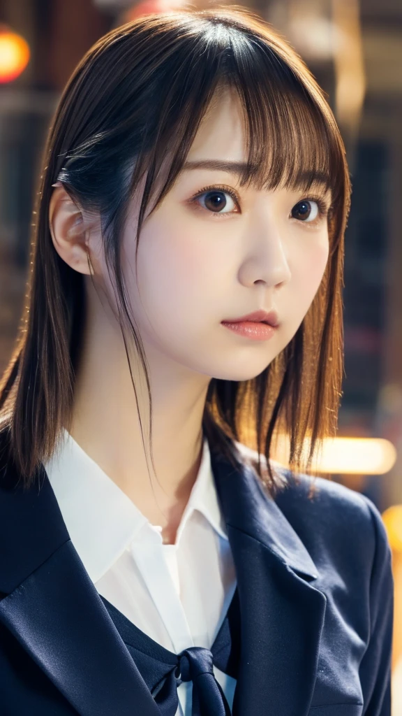 1 girl, (wearing a navy blazer,tie:1.2), Very beautiful Japanese idol portraits,(( Face close-up:1.3))
(RAW Photos, Highest quality), (Realistic, Realistic:1.4), (masterpiece), 
Very delicate and beautiful, Very detailed, 2k wallpaper, wonderful, finely, very detailed CG Unity 8K 壁紙, Very detailed, High resolution, Soft Light, 
Beautiful detailed girl, Very detailed目と顔, Beautiful and sophisticated nose, Big beautiful eyes, Cinema Lighting, 
(Shibuya cityscape:1.3),
(Medium Hair), (Parted bangs), 
Complete Anatomy, Slender body,Small breasts, Sensual look