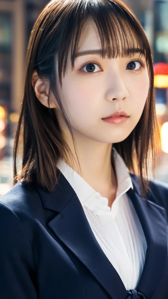 1 girl, (wearing a navy blazer,tie:1.2), Very beautiful Japanese idol portraits,(( Face close-up:1.3))
(RAW Photos, Highest quality), (Realistic, Realistic:1.4), (masterpiece), 
Very delicate and beautiful, Very detailed, 2k wallpaper, wonderful, finely, very detailed CG Unity 8K 壁紙, Very detailed, High resolution, Soft Light, 
Beautiful detailed girl, Very detailed目と顔, Beautiful and sophisticated nose, Big beautiful eyes, Cinema Lighting, 
(Shibuya cityscape:1.3),
(Medium Hair), (Parted bangs), 
Complete Anatomy, Slender body,Small breasts, Sensual look