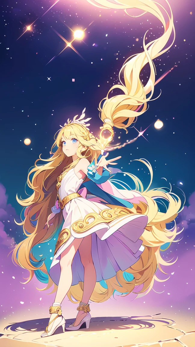 "Anime style digital fanart, fantasy rpg, with mature female bard as main character. The girl is in a full body pose, front view, Emanating a combination of elegance and tenderness characteristic of the kawaii style. Wear a fluid and vibrant outfit, decorated with magical and musical symbols that glow softly, highlighting its connection with music and magic. Her long, wavy blonde hair has pastel shades that reflect her cheerful personality.. The focal point of your outfit is your shoes.: delicate transparent crystal slippers with small heels, which give it an ethereal and fairy-tale appearance. The sneakers shine like glass, adding to the magical atmosphere of the stage. In one hand he holds a lute, ready to play a melody or cast a spell. Her large, expressive eyes convey confidence., as if he were about to perform a magic performance. The style mixes kawaii elements with traditional anime fantasy.. Nandupal stile"