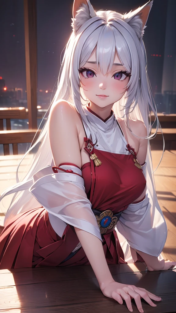 ((Ultra-detailed,Photorealistic,Ultra-high resolution,Highest quality,8k,Tabletop:1.3)), fox girl,miko,small breasts,mesugaki,Minimum body,silver hair