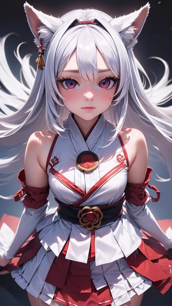 ((Ultra-detailed,Photorealistic,Ultra-high resolution,Highest quality,8k,Tabletop:1.3)), fox girl,miko,small breasts,mesugaki,Minimum body,silver hair