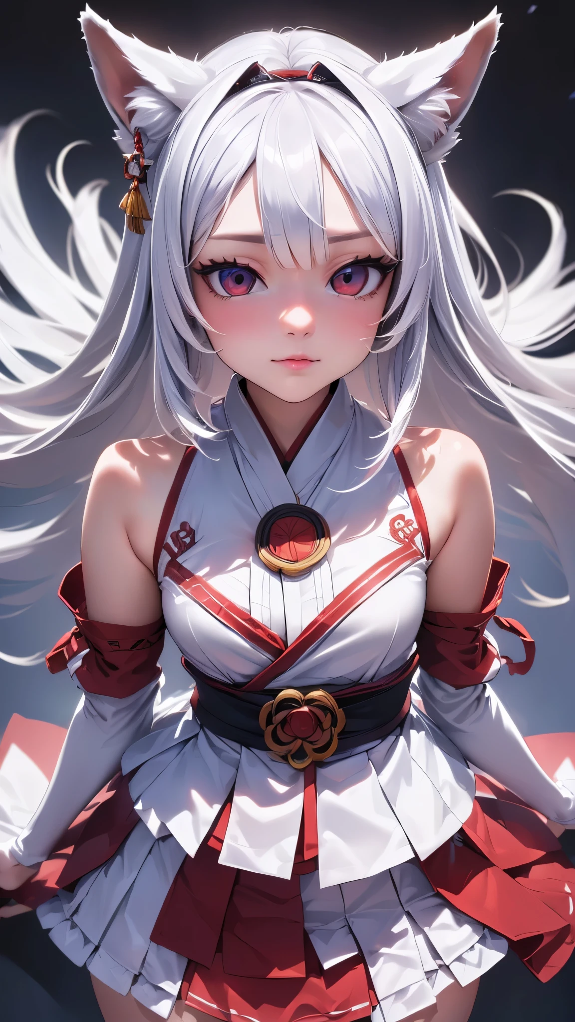 ((Ultra-detailed,Photorealistic,Ultra-high resolution,Highest quality,8k,Tabletop:1.3)), fox girl,miko,small breasts,mesugaki,Minimum body,silver hair