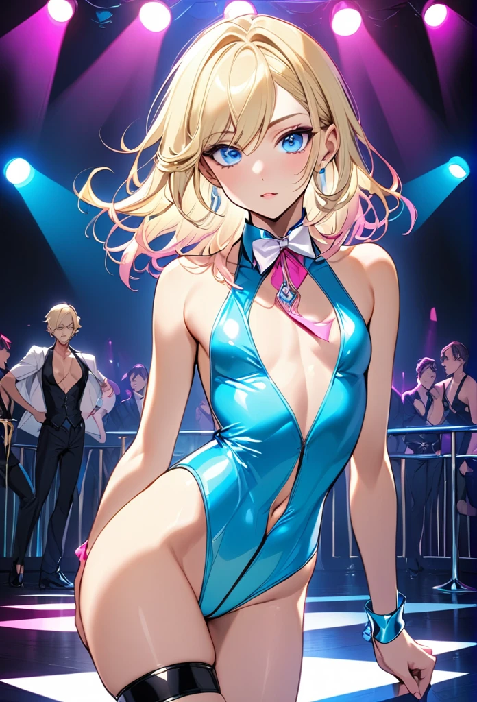 One feminine male with light blonde hair, with light blue eyes, with pink eyeshadow, he is wearing a stripper outfit, he is flat chested like a man, he also has pericings.