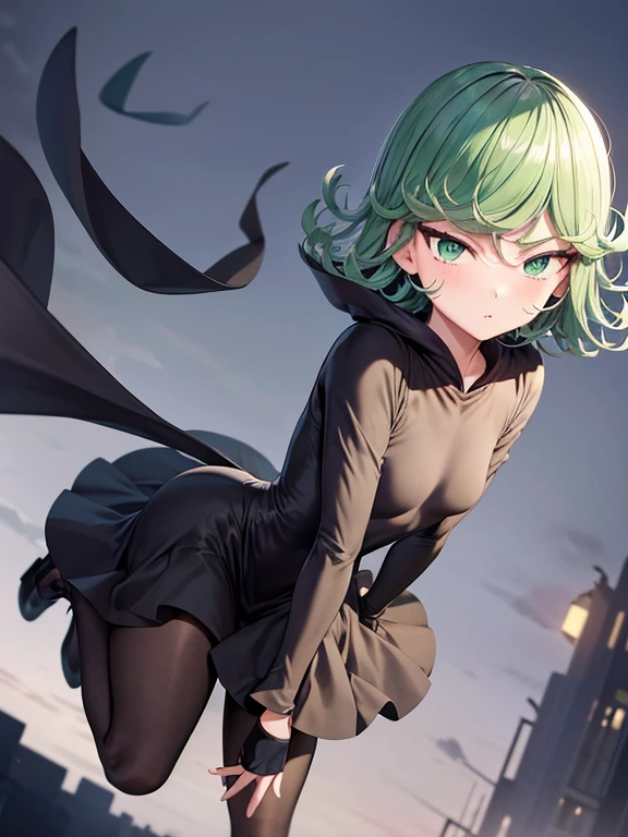 Masterpiece, best quality, ultra detailed, illustration, lighting epic, cinematic composition, 1 girl, Tatsumaki, short hair, green hair, very small breasts, green eyes, bright eyes, pouting, blushing, closed mouth, piercing gaze, full body, Slim body, Grey hood, Metal spikes, Grey wristbands, Long black gloves, Lantern sleeves, victorian, Gothic lolita dress, Grey dress, Somewhat tight, Black belt, Black pantyhose, Black shoes, City background, Anime