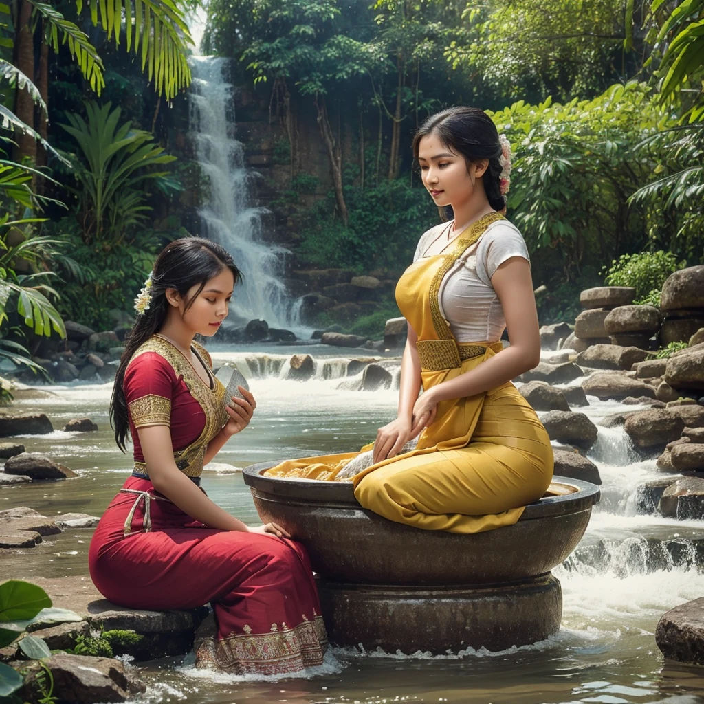 there are two women sitting next to a large pot of water, traditional art, traditional photography, traditional beauty, assamese aesthetic, traditional, peacefully drinking river water, bathing in a waterfall, sukhothai costume, very beautiful photo, wearing loincloth, beautiful image, wonderful masterpiece, summer evening, traditional clothes, playing with the water, traditional dress