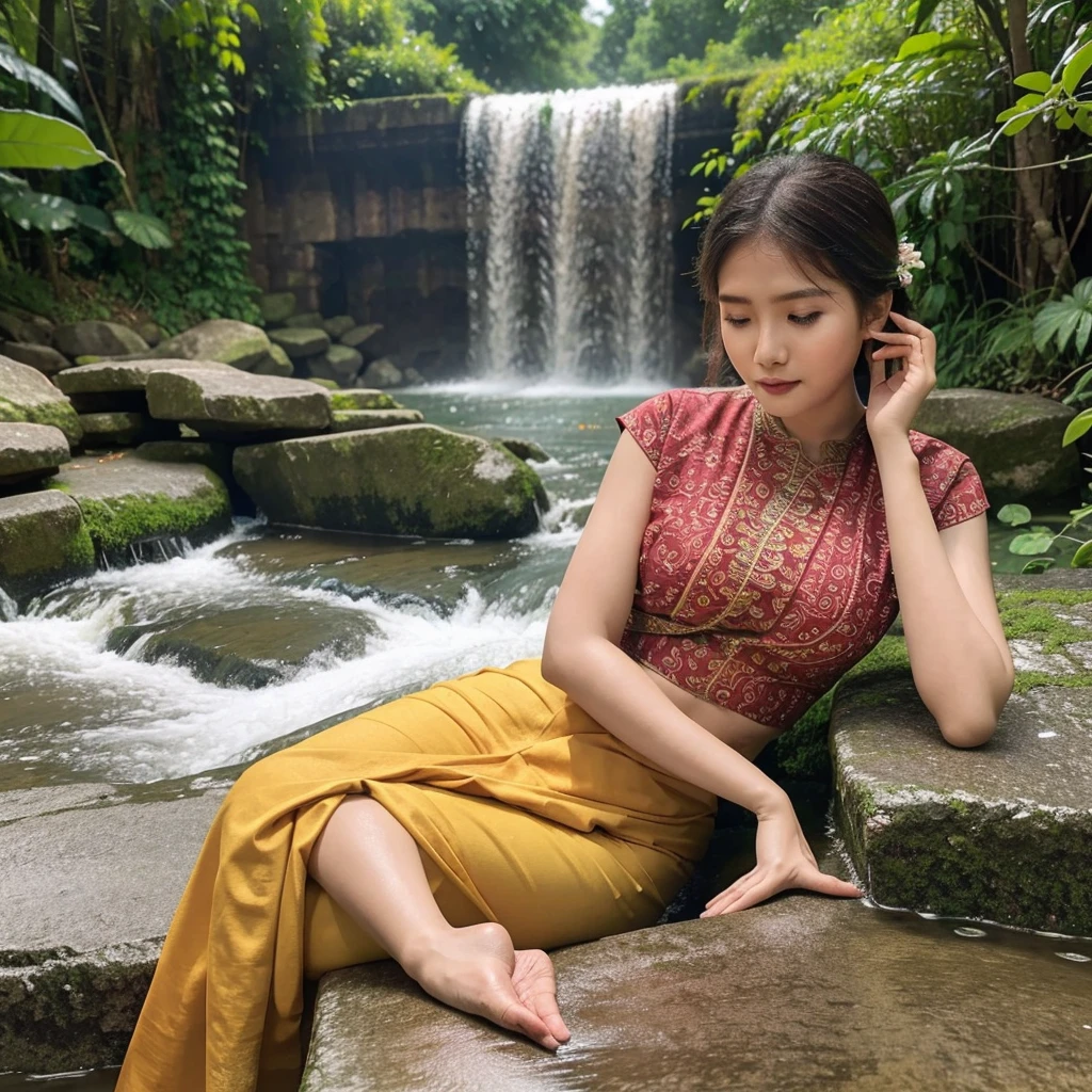 there are two women sitting next to a large pot of water, traditional art, traditional photography, traditional beauty, assamese aesthetic, traditional, peacefully drinking river water, bathing in a waterfall, sukhothai costume, very beautiful photo, wearing loincloth, beautiful image, wonderful masterpiece, summer evening, traditional clothes, playing with the water, traditional dress