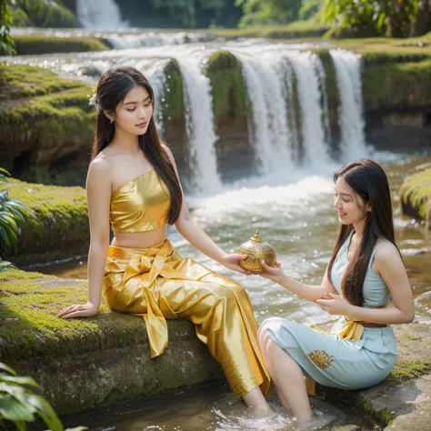 there are two women sitting next to a large pot of water, traditional art, traditional photography, traditional beauty, assamese...