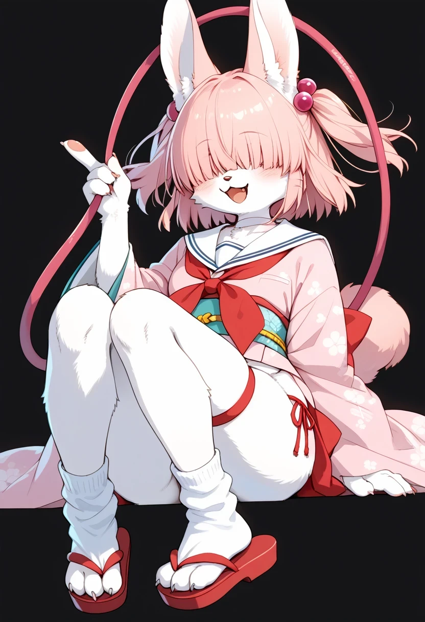 score_9, score_8_up, score_7_up, score_6_up, score_5_up, score_4_up, source_anime, best quality, masterpiece, 1 female, (furry, kemono:1.5), rabbit, solo, skottichan, pink hair, japanese clothes, white sailor collar, hair over eyes, simple background, white socks, full body, neckerchief, obi, pink kimono, black background, socks, sailor collar, sash, kimono, two side up, sandals, open mouth, smile, long sleeves, hair bobbles, wide sleeves, tabi, white choker, choker, hair ornament, short hair, okobo, zouri, red neckerchief, standing, feline, loose socks, animal ear fluff, :d, blush, , A detailed digital illustration of a pink anime girl with a hula hoop on her head. The girl's outfit is adorned with a pink bow, pink shoes, and a pink ribbon. The background is a white background., side-tie panties, sitting, skindentation, thigh strap, rating_explicit,