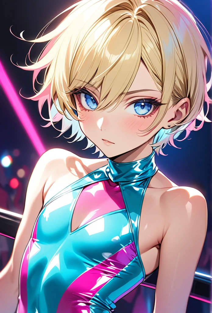 One feminine male with light blonde hair, with light blue eyes, with pink eyeshadow, he is wearing a stripper outfit pink,  he is flat chested like a man, he also has pericings, short hair.