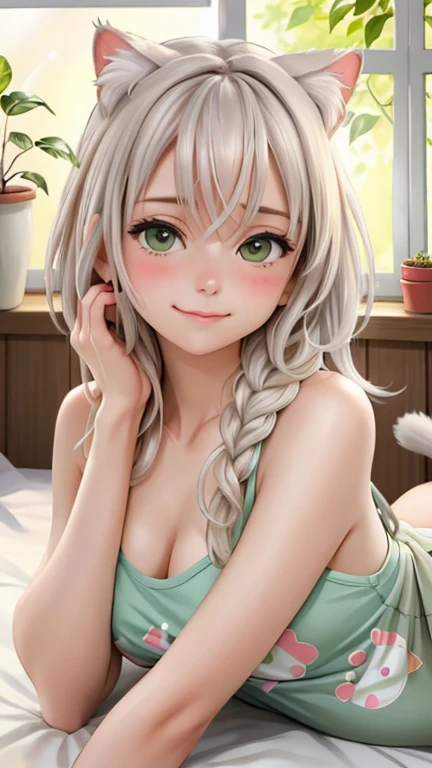 (photorealism:1.2), anime style, beautiful pregnant woman, 30 years old woman, lying on her back, looking up, wearing tight and short off-shoulder top, cropped top, pajama shorts, long curly hair, indoors, soft lighting, plants in background, window with sunlight, cozy room, realistic, intricate details, warm colors, white hair, cat ears, hands tied together over her head, small cup size, braided, rote schleife im haar, smirk, blush, perfect hands, thin lips,