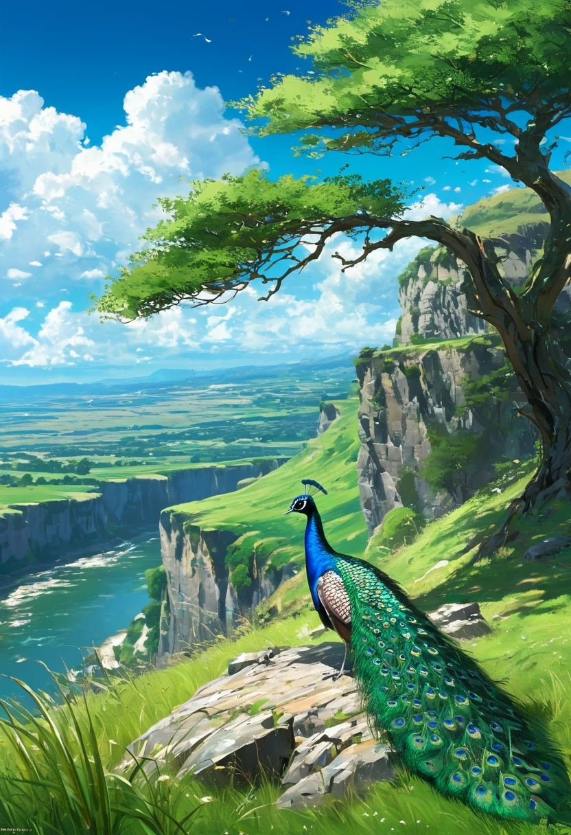 a paiting peacock sitting under a tree near a cliff in a meadow , seeing a vast blue sky with fluffy clouds and brush strokes , tall grasses stones, , makoto shinkai cyril rolando, anime art wallpaper 4k, anime art wallpaper 4k, animated background, anime art wallpaper 8K, animated background art, Anime Landscape Wallpaper, amazing wallpaper, HD wallpaper, 4k anime wallpaper, 4k anime wallpaper, Aries Moross art,art by Bob Byerley , AshleyWoodArtAI, greg rutkowski(far angle view)(brokeh effects)