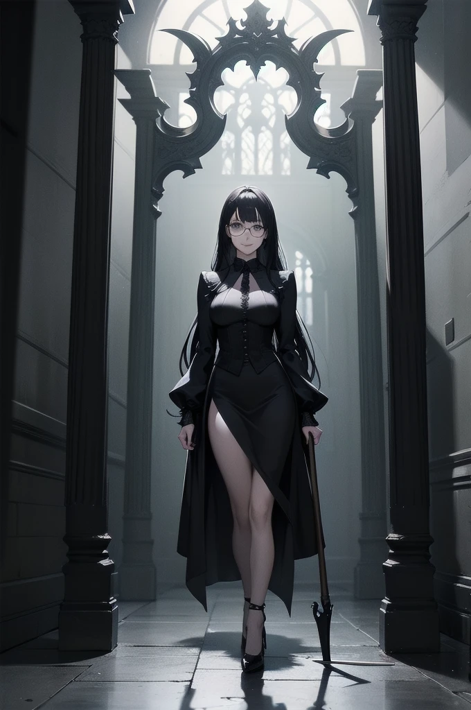 Shadow Face、beautiful girl、cute、Baby Face、smile、Glasses、Droopy eyes、Black Hair、綺麗なLong Hair、Straight Hair、ランダムなbangs、Bangs、Big Breasts、Slim body、Beautiful legs、Gothicドレス、Long skirt、Black pumps、.(Best Quality,4K,High resolution,Masterpiece 1.2),Very detailed,Real 1.37,Spooky altar background,Dark fantasy,Black color scheme,Ominous atmosphere,Eye-catching,Storytelling,Anime Style,Concept Art,Inappropriate behavior,Scythe Face,beautiful, Delicate facial features, pale Skin, Dark Background, Cinema Lighting, Dramatic Shadows, Gothic, Gloomy atmosphere, Dark Story, One person&#39;S, Red cheeks, ,(Blood splatter 1.3),Scary smile, smile,Angel Design, TwiSted smile、Bloody,(Blood splatter 1.3),skull,Horror Style, ((Sweet Frill Black Costume)), ((流れるようなBlack Hair)), Female Curves, Sexy flat stomach, Perfect hands, Perfect anime character face, (Black Dress)), Standing, ((邪悪なsmile)), ,(Dark Story1.3), Steam circulation, Moonlight Illumination, night lighting, Gothic architecture、Western architecture,Victorian city, Skeleton Gas Light,Absurd, High resolution、 ((Tabletop)), ((Best Quality)), (Very detailedな), ((Very detailed)), (beautiful), ((cute)), One personで,(1.6)、beautiful face、Full Body Ezbian、pale, beautiful肌、Big Breasts、Beautiful body、Slim body、Beautiful legs、優しくsmileむ、Dark building ruins、(snow white&#39;Frill dress 1.3)、(暗い廃墟はBloody 1.3)、Low angle full body shot、(Glasses 1.2)、(Creepy 1.3)、(The girl lost a lot of blood........1.3)、(クレイジーなsmile1.6)、Spirits、(Blood dripping from the mouth 1.3)、（Glasses 1.5）、Droopy eyes、Gothicドレス、bangs, Long Hair, Glasses、No weapons、Have nothing、