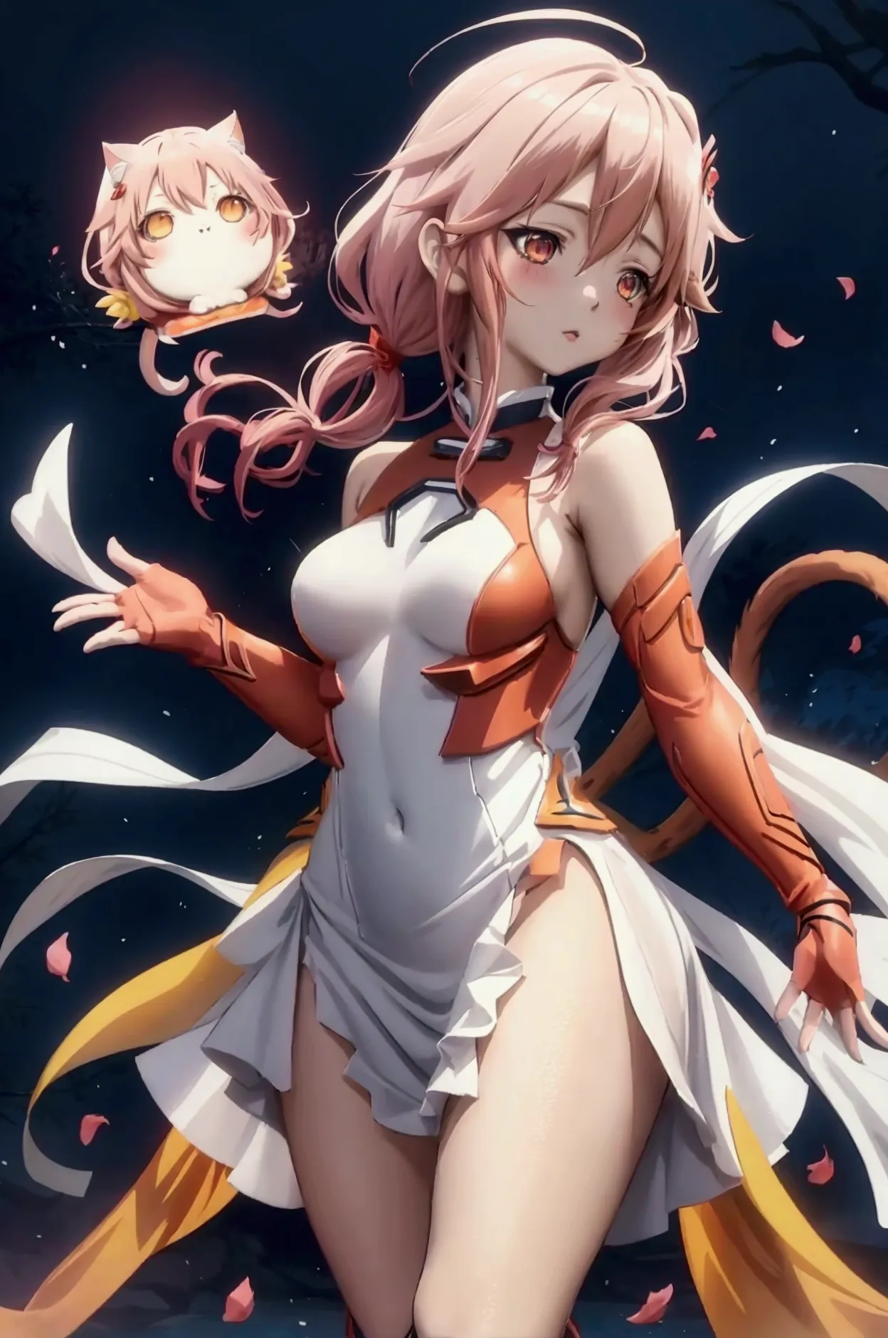 anime girl, yuzuriha inori from guilty crown, (cat tail), ((wearing white dress)), masterpiece, 4k, best quality, hightly detail...