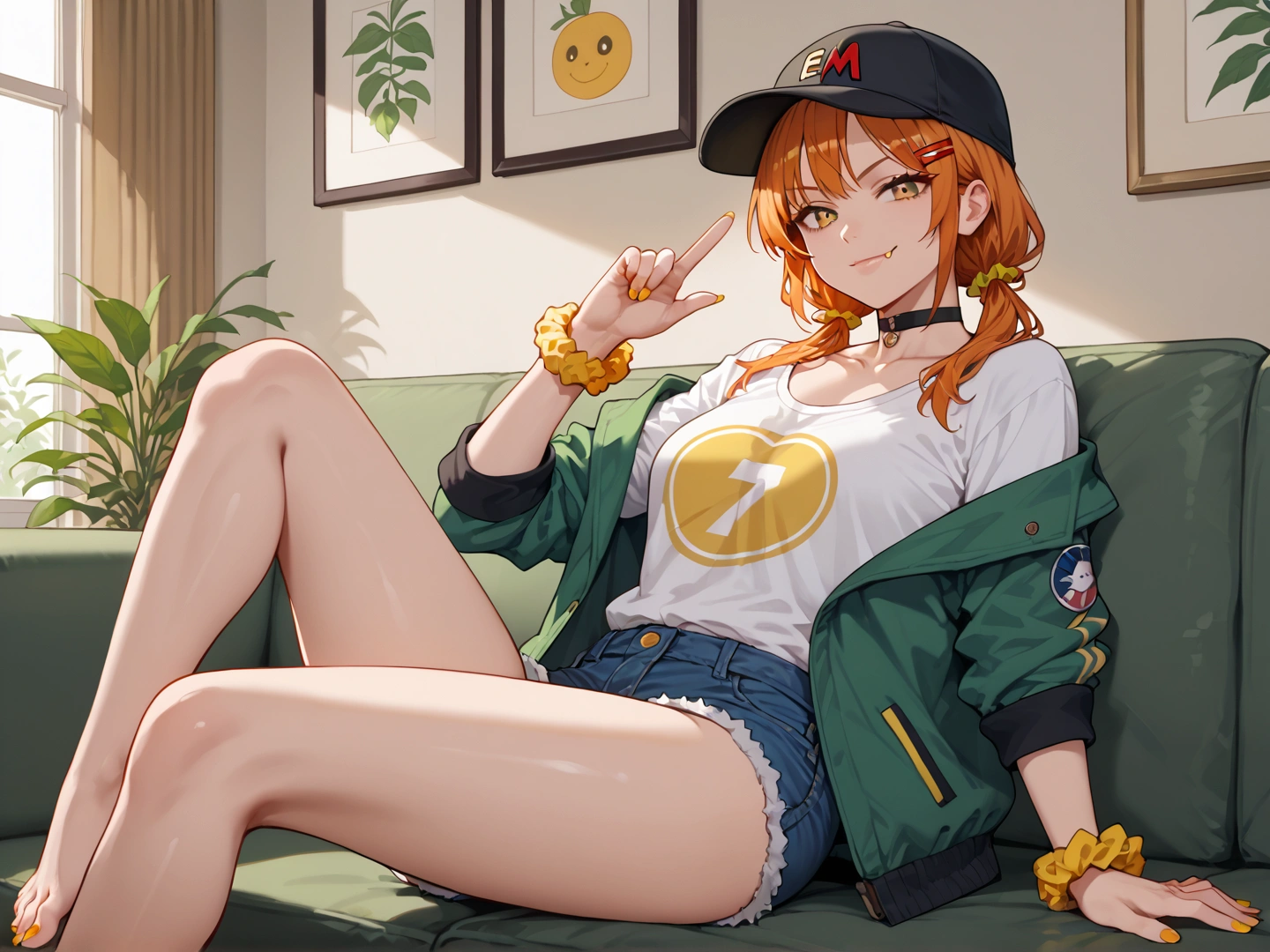 score_9, score_8_up, score_7_up, (1girl, solo), orange hair, medium hair, bangs, low twintails, yellow eyes, baseball cap, black baseball cap, yellow scrunchie, red hairclip, nail polish, toe nails, yellow nails, wrist scrunchie, choker, smile, smirk, fang, faint lips,  green jacket, sleeves rolled up, white shirt, t-shirt, print shirt, collarbone, denim shorts, faint light, room, on sofa, green sofa