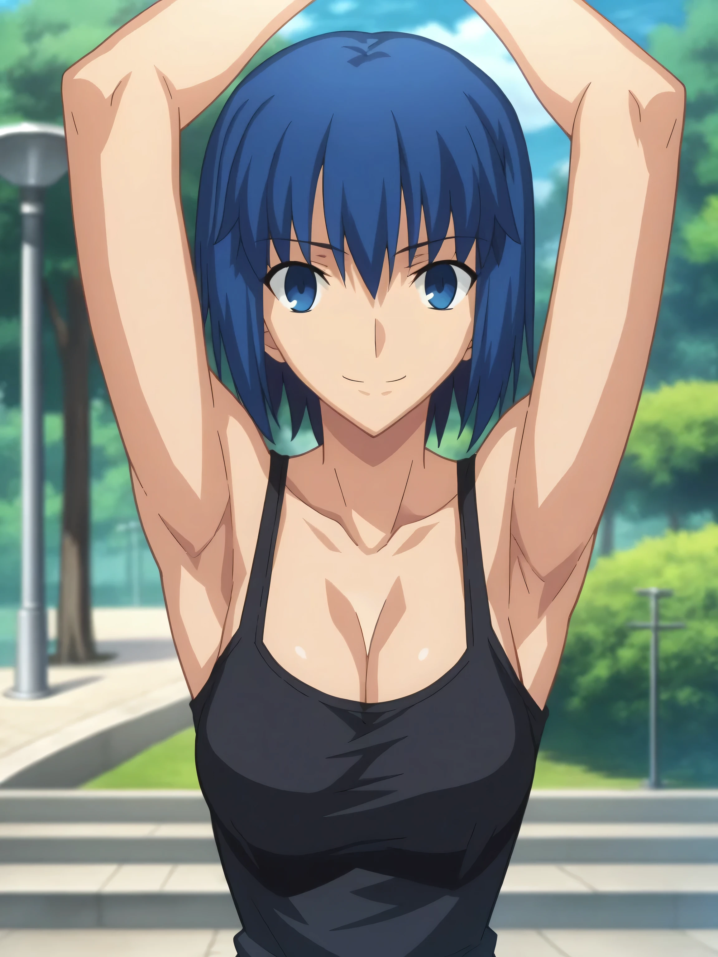 score_9, score_8_up, score_7_up, source_anime, anime screencap, outdoors, day, park, 1girl, solo, ciel, dark blue hair, tank top, black tank top, cleavage, collarbone, sleeveless, bare shoulders, bare arms, looking at viewer, smile, closed mouth, arms up, raised arms, fate_go_style