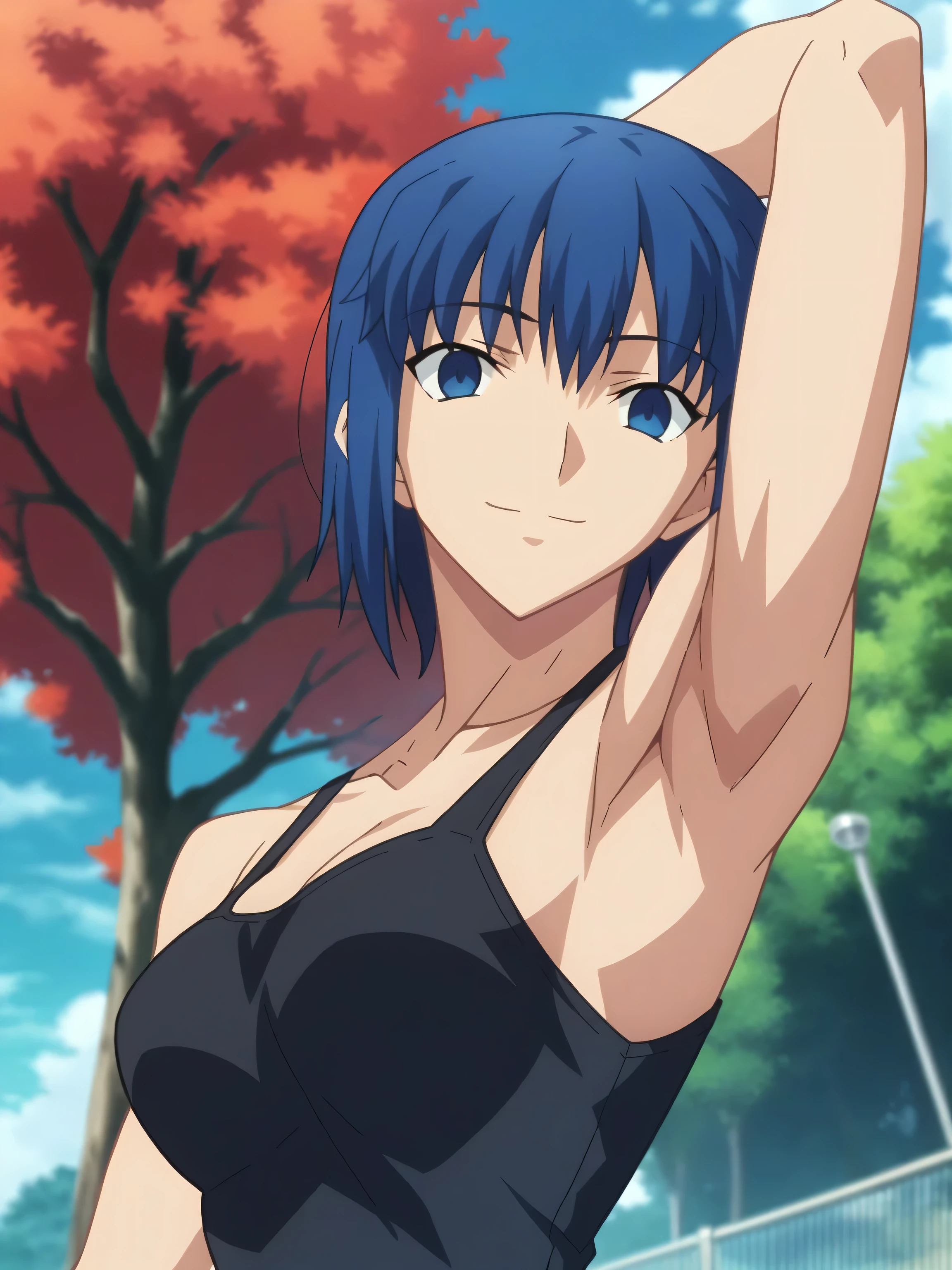 score_9, score_8_up, score_7_up, source_anime, anime screencap, outdoors, day, park, 1girl, solo, ciel, dark blue hair, tank top, black tank top, cleavage, collarbone, sleeveless, bare shoulders, bare arms, looking at viewer, smile, closed mouth, arms up, raised arms, fate_go_style