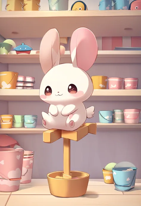 kawaii, a cute illustration of a balancing toy with buckets on both ends, baby animals inside, playing while balancing