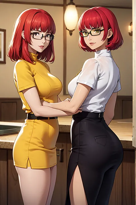 multiple people, 2 different women. one of them is cerica, and has short red hair and is wearing a yellow waitress uniform.  the...