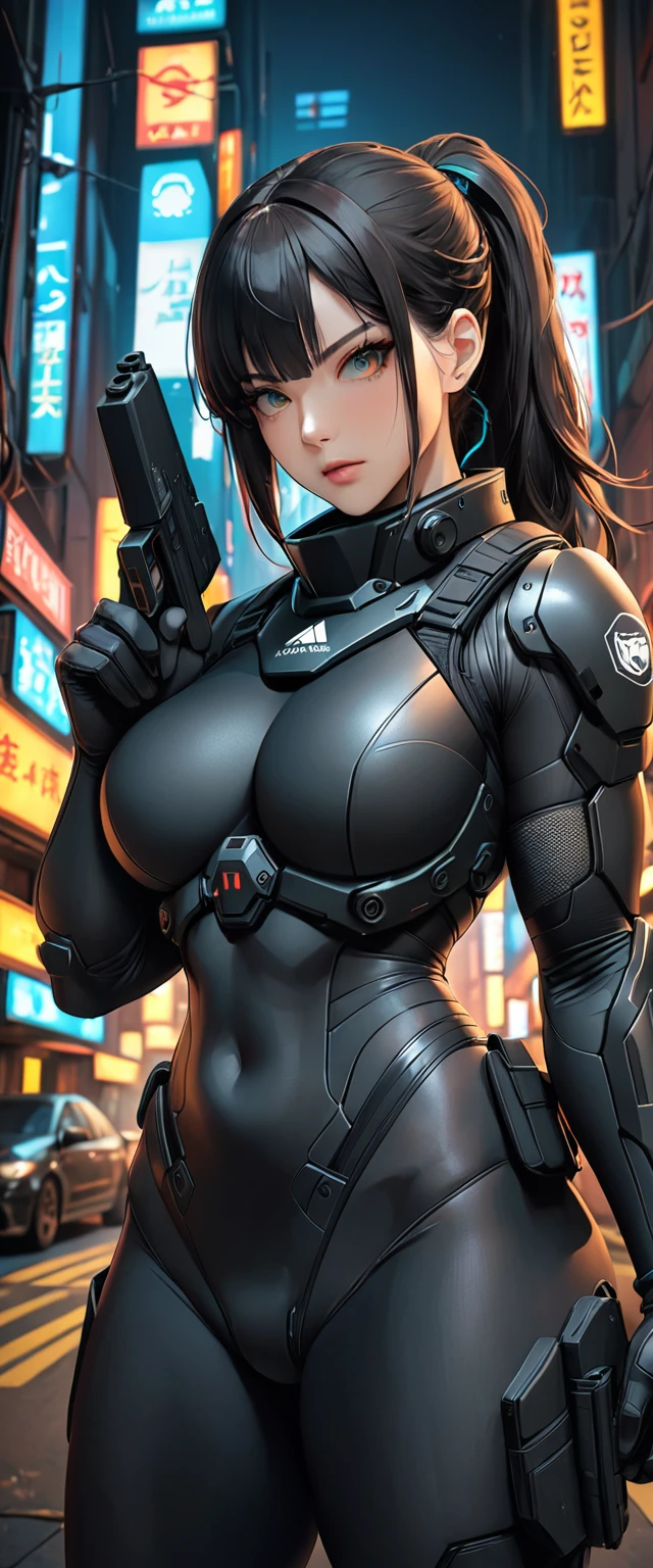 (masterpiece:1.2,Highest quality,Highest quality,Very detailed:1.2),8k,wallpaper,(One Woman),(Future female Japanese SWAT team member),(((pointing pistol:1.6))),(Extremely form fitting black tactical bodysuit),(Tactical Headset),(Tactical Holster),(Tactical Gloves),break(serious),(ponytail),(Black Hair),(Beautiful Face),(Beautiful Eyes),(Beautiful Eyes),(Very detailedな顔),(Very detailed female hand),(muscular),(sexy),(Big Breasts),(Thick thighs),(Beautiful body),(The background is the neon streets of a future city:1.6),(cyber punk:1.6),(((Hand,detailed,perfect,perfection,hands))),(Beautiful female hands),(Accurate hand drawing)
