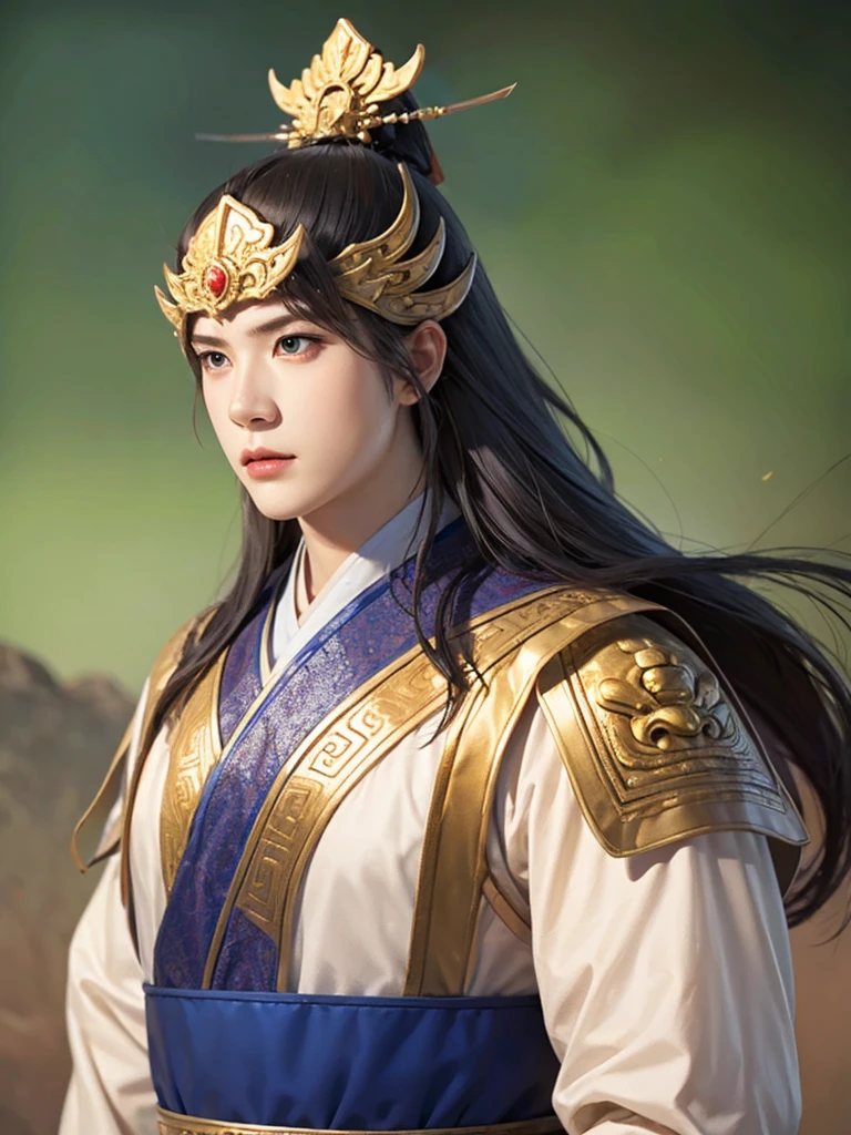 1 man in Han dynasty armor、There are exquisite patterns on the armor of the Han Dynasty、Beautiful boy、、whole body娇嫩的身体, Exquisite eyes、Long hair,、Gorgeous hair ornaments, Han Dynasty landscape、Eternal,、whole body、Three Kingdoms、， Solid background, Smoky environment, Adds a touch of mystery and drama to the scene. Soft and even lighting, Cast soft shadows, Create an atmosphere of seriousness and focus.