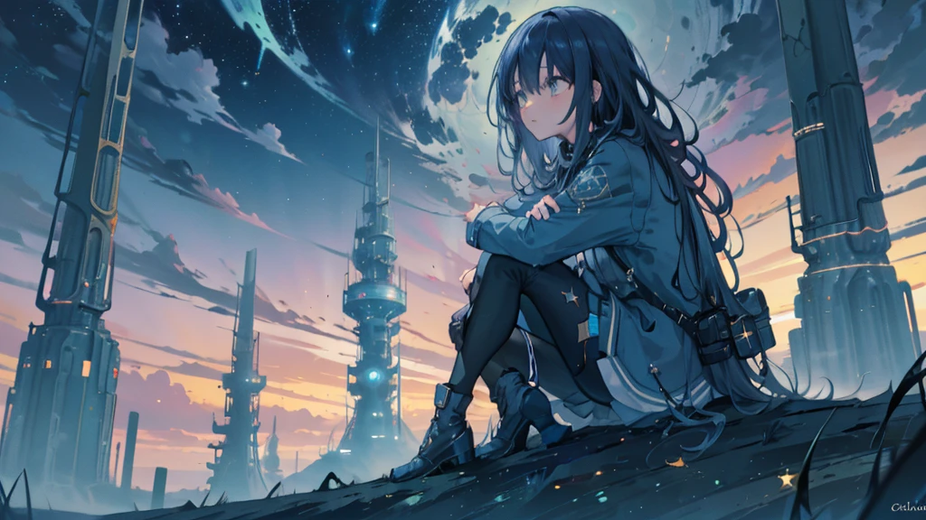 octans, sky, star (sky), scenery, starry sky, night, 1girl, night sky, solo, outdoors, building, cloud, milky way, sitting, tree, long hair, city, silhouette, cityscape