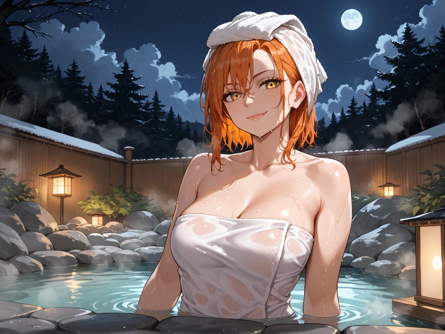 score_9, score_8_up, score_7_up, (1girl, solo), orange hair, medium hair, yellow eyes, towel on head, smile, smirk, fang, faint lips,  naked towel, collarbone, wet, wet hair, steam, humid fog, onsen, bathing, water, rock, night, moonlight