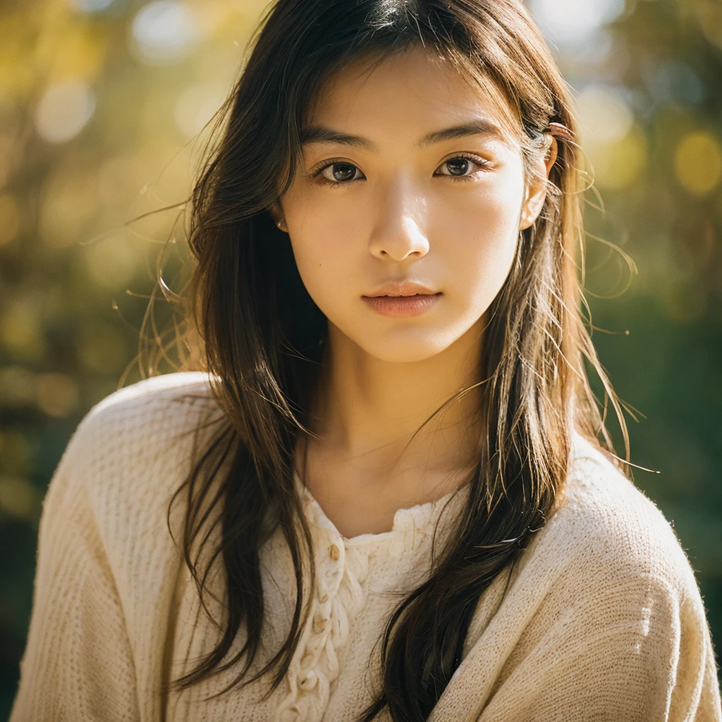 A hyper-realistic image of a single Japanese woman in her early 20s, captured with the nostalgic warmth and subtle graininess of a film camera. Her skin has a warm beige tone with a natural, slightly rough texture that includes visible pores, fine lines, and subtle imperfections such as small blemishes, adding to the authenticity of her appearance. The soft, diffused natural light enhances the film-like quality, casting gentle shadows that create a timeless, organic feel. Her straight, glossy black hair frames her face in a natural, slightly tousled manner, and her deep brown eyes reflect the ambient light, adding depth and emotion. The film camera effect introduces a slight grain and a softer focus, giving the image a warm, nostalgic atmosphere while maintaining the realistic texture of her skin. She is dressed simply, in a way that complements her natural beauty, with the overall composition designed to evoke a sense of genuine, understated elegance. The use of natural light, combined with the deliberately rougher texture of her skin and the film-like qualities, ensures that this image captures the imperfections that make her beauty truly lifelike, focusing solely on this one individual.