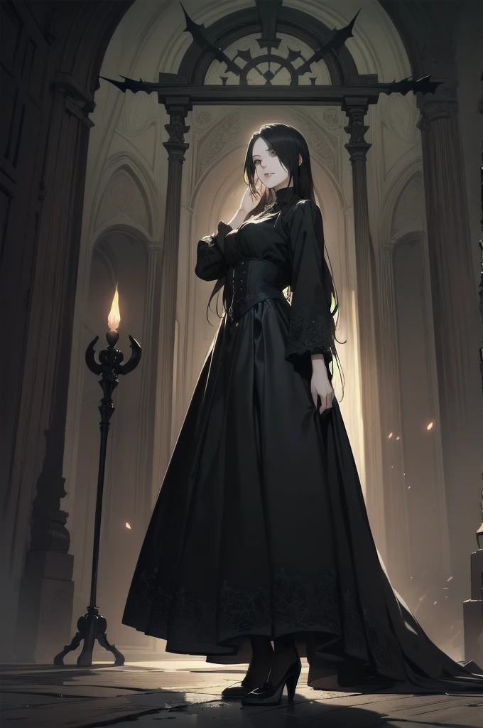 beautiful girl、cute、baby face、smile、Glasses、Long skirt、Black pumps、.(Best Quality,4K,High resolution,Masterpiece 1.2),Very detailed,Real 1.37,Spooky altar background,Dark fantasy,Black color scheme,Ominous atmosphere,Eye-catching,Storytelling,anatomy,Anime Style,Concept Art,Inappropriate behavior,Scythe Face,beautiful, Delicate facial features, pale Skin, Dark Background, Cinema Lighting, Dramatic Shadows, Gothic, Gloomy atmosphere, Dark fantasy, One person&#39;S, Red cheeks, ,(Blood splatter 1.3),Scary smile, smile,Angel Design, TwiSted smile、Bloody,(Blood splatter 1.3),skull,Horror Style, ((Fantasy Sweet Ta Frill Black Costume)), ((流れるようなBlack Hair)), Female Curves, Sexy flat stomach, Perfect hands, Perfect anime character face, (Black Dress)), Standing, ((邪悪なsmile)), ,(Dark fantasy1.3), Steam circulation, Moonlight Illumination, night lighting, (Blood splatter 1.3),アニメAngel Design, Gothic Gothicarchitecture、architecture、Western architecture、Fantasy World、,Victorian city, Skeleton Gas Light,Absurd, High resolution、 ((Tabletop)), ((Best Quality)), (Very detailedな), ((Very detailed)), (beautiful), ((cute)), (Nafswa 1.8), One personで,(1.6)、beautiful face、Full Body Ezbian、pale, beautiful肌、Big Breasts、beautiful黒いの髪、Long Hair、優しくsmileむ、Dark building ruins、(snow white&#39;Frill dress 1.3)、(暗い廃墟はBloody 1.3)、Low angle full body shot、(Glasses 1.2)、(Creepy 1.3)、(The girl lost a lot of blood........1.3)、(クレイジーなsmile1.6)、Spirits、(Blood dripping from the mouth 1.3)、（Glasses 1.5）、Glassesをかけている、Droopy eyes、Glasses、Gothicドレス、bangs, Long Hair, Black Hair、