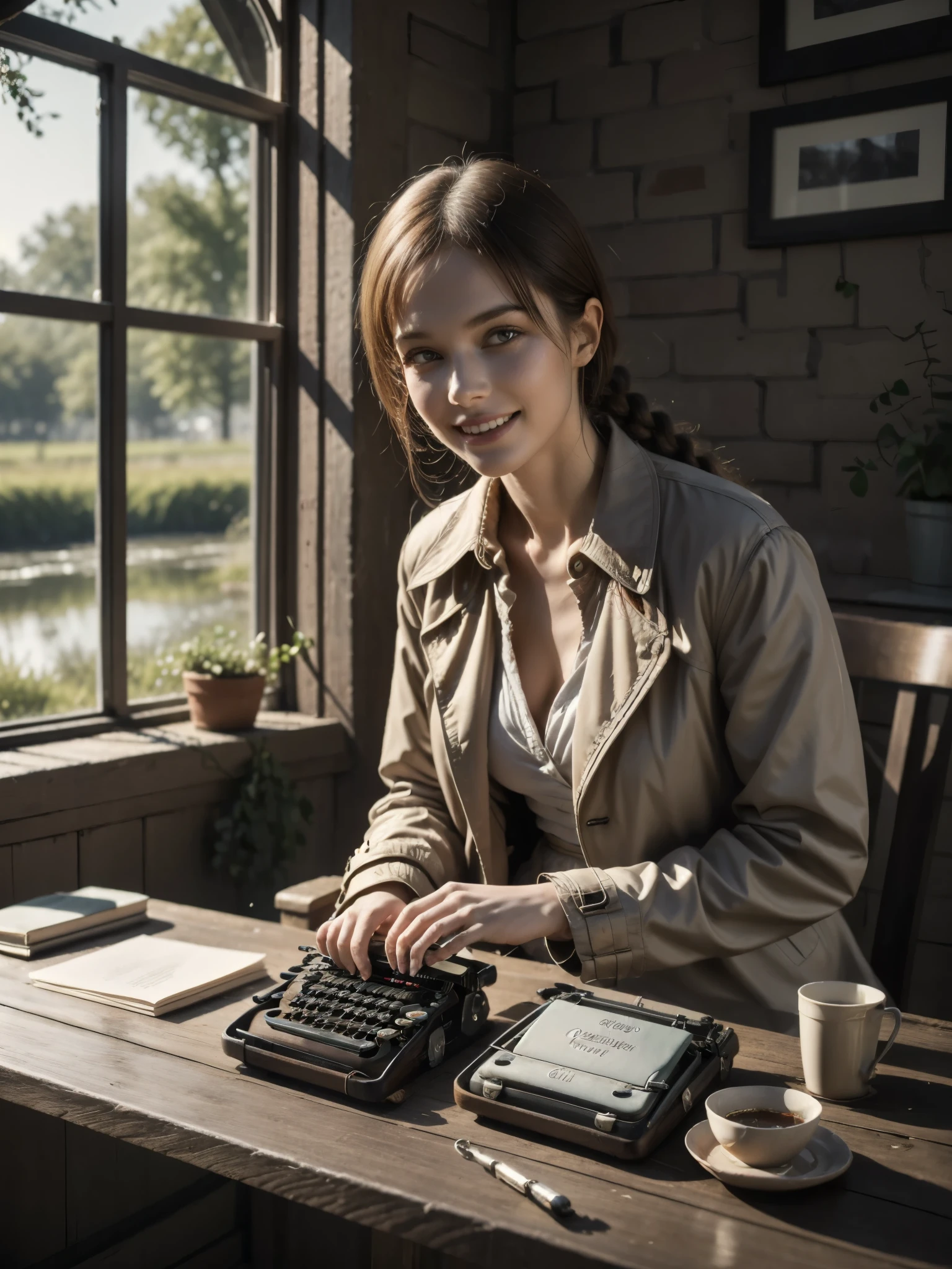 girl, sitting, typing, (vintage typewriter), on wooden table, (on wooden bridge:0.6), long braided silver hair, (red trench coat), detailed face, (looking at viewer:1.4), surrounded by mist, (calm river:0.6), water reflection, glowing lantern, soft amber light, (medieval tower, barely visible through the thick fog:0.6), golden rays, late afternoon, sprawling overgrown garden view, wildflowers and ivy on stone walls, (abandoned cottage:0.6), (close-up shot), paper, waste papers,