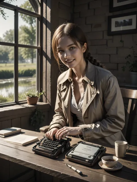 girl, sitting, typing, (vintage typewriter), on wooden table, (on wooden bridge:0.6), long braided silver hair, (red trench coat...