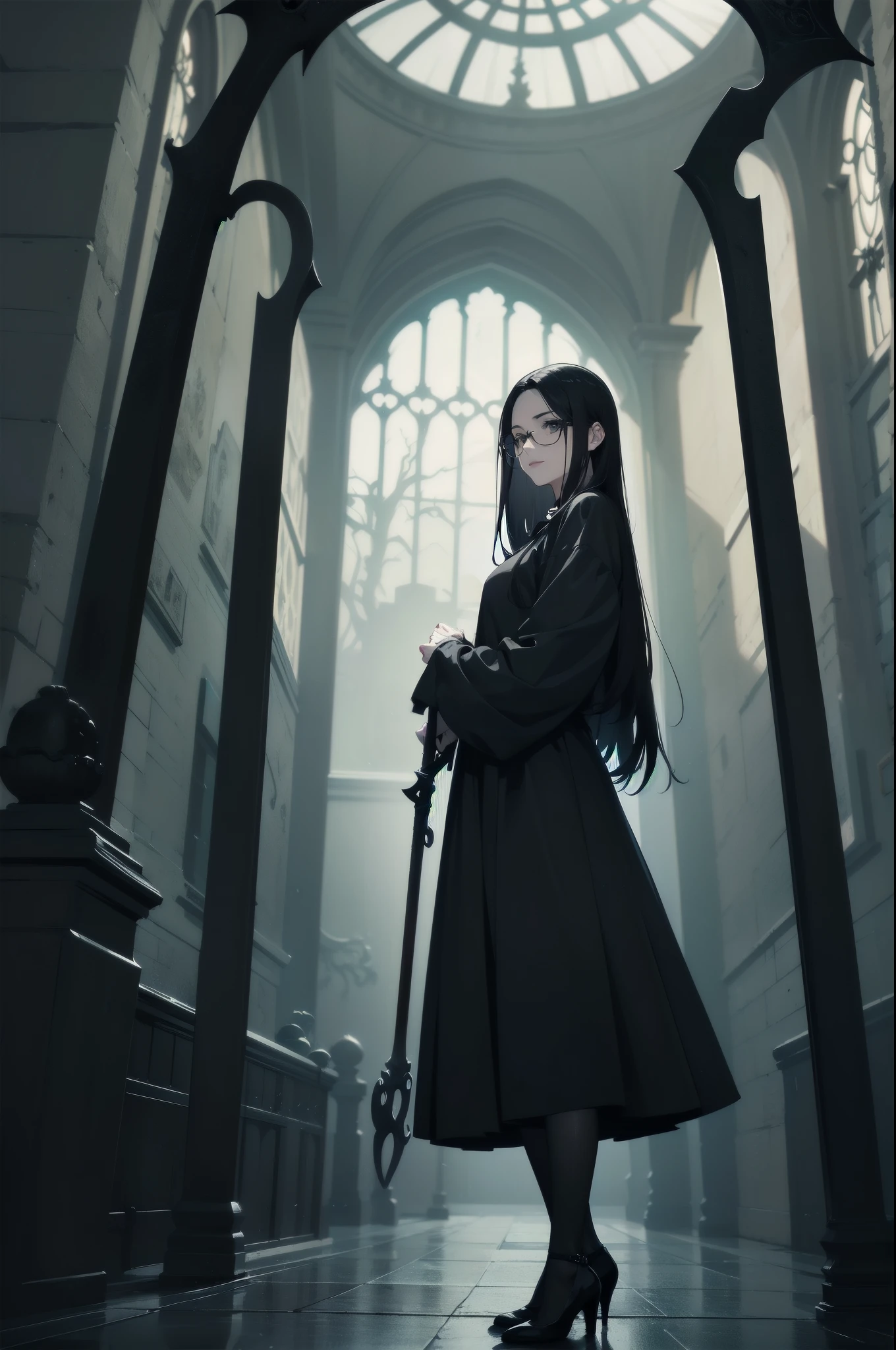 Shadow Face、beautiful girl、cute、Baby Face、smile、Glasses、Droopy eyes、Black Hair、Beautiful Black Hair、Straight Hair、Bangs、Gothic Dress、Long skirt、Black pumps、.(Best Quality,4K,High resolution,Masterpiece 1.2),Very detailed,Real 1.37,Spooky altar background,Dark Story,Black color scheme,Ominous atmosphere,Eye-catching,Storytelling,anatomy,Anime Style,Concept Art,Inappropriate behavior,Scythe Face,beautiful, Delicate facial features, pale Skin, Dark Background, Cinema Lighting, Dramatic Shadows, Gothic, Gloomy atmosphere, Dark Story, One person&#39;S, Red cheeks, ,(Blood splatter 1.3),Scary smile, smile,Angel Design, TwiSted smile、Bloody,(Blood splatter 1.3),skull,Horror Style, ((Frilled Black Costume)), ((Flowing Black Hair)), Female Curves, Sexy flat stomach, Perfect hands, Perfect anime character face, (Black Dress)), Standing, ((Evil smile)), ,(Dark Gothic 1.3), Moonlight Illumination, night lighting, (Blood splatter 1.3),Gothic architecture、Western architecture、GothicArchitecture、Victorian city, Skeleton Gas Light,Absurd, High resolution、 ((Tabletop)), ((Best Quality)), (Very detailedな), ((Very detailed)), (beautiful), ((cute)), one person,(1.6)、Full Body Ezbian、pale, Beautiful skin、Big Breasts、Beautiful black hair、Long Hair、Smile gently、Dark building ruins、(snow white&#39;Frill dress 1.3)、(The dark ruins are Bloody 1.3)、Low angle full body shot、(Glasses 1.2)、(Creepy 1.3)、(The girl lost a lot of blood........1.3)、(crazy smile1.6)、Spirits、(Blood dripping from the mouth 1.3)、（Glasses 1.5）、Droopy eyes、Gothic Dress、bangs, Long Hair, Glasses、Stained Glass、Magic wand、witch、Magic Broom