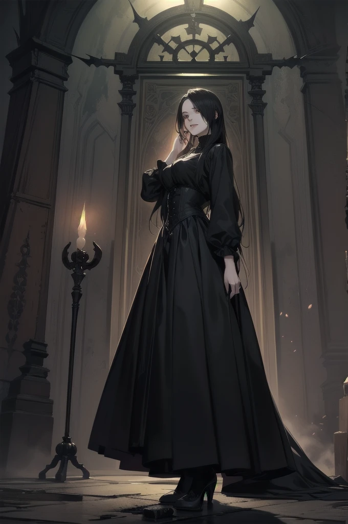 beautiful girl、cute、baby face、smile、Glasses、Long skirt、Black pumps、Magic wand、Magic Broom、witch、beautiful girl、(Best Quality,4K,High resolution,Masterpiece 1.2),Very detailed,Real 1.37,Spooky altar background,Dark fantasy,Black color scheme,Ominous atmosphere,Eye-catching,Storytelling,anatomy,Anime Style,Concept Art,Inappropriate behavior,Scythe Face,beautiful, Delicate facial features, pale Skin, Dark Background, Cinema Lighting, Dramatic Shadows, Gothic, Gloomy atmosphere, Dark fantasy, One person&#39;S, Red cheeks, ,(Blood splatter 1.3),Scary smile, smile,Angel Design, TwiSted smile、Bloody,(Blood splatter 1.3),skull,Horror Style, ((Fantasy Sweet Ta Frill Black Costume)), ((流れるようなBlack Hair)), Female Curves, Sexy flat stomach, Perfect hands, Perfect anime character face, (Black Dress)), Standing, ((邪悪なsmile)), ,(Dark fantasy1.3), Steam circulation, Moonlight Illumination, night lighting, (Blood splatter 1.3),アニメAngel Design, Gothic Gothicarchitecture、architecture、Western architecture、Fantasy World、,Victorian city, Skeleton Gas Light,Absurd, High resolution、 ((Tabletop)), ((Best Quality)), (Very detailedな), ((Very detailed)), (beautiful), ((cute)), (Nafswa 1.8), One personで,(1.6)、beautiful face、Full Body Ezbian、pale, beautiful肌、Big Breasts、beautiful黒いの髪、Long Hair、優しくsmileむ、Dark building ruins、(snow white&#39;Frill dress 1.3)、(暗い廃墟はBloody 1.3)、Low angle full body shot、(Glasses 1.2)、(Creepy 1.3)、(The girl lost a lot of blood.........1.3)、(クレイジーなsmile1.6)、Spirits、(Blood dripping from the mouth 1.3)、（Glasses 1.5）、Glassesをかけている、Droopy eyes、Glasses、Gothicドレス、bangs, Long Hair, Black Hair、