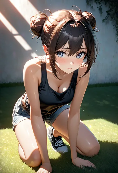 beautiful woman, striking beautiful eyes, glossy silky messy bun hair, amorous and lewd expression, perfect proportions, wearing baggy tank top, shorts, crouched down to tend to the lawn, delicate and dynamic textures, contrasts of light and shadow, 2.5D, artistic digital graphic CG, ultra detailed, absolutely resolution, best quality