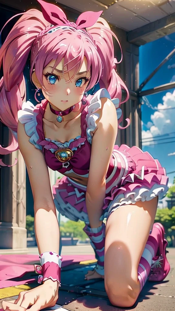 (((Best Quality，Highly detailed CG unification，32K)))  Professional Quality(((A woman on all fours tied to a collar))))、Cure Melody、(beautifulディテール) 、Perfect hands、cute、Shiny skin, beautiful光の大きな目,  Feminine Style, beautifulくびれ, beautiful、naughty face、 pink hair、long hair、twintails、blue eyes、Pink ribbon on head、pink choker、Frills、abdomen、skirt、Frillsskirt、((Pink knee-high socks))、Pink Shoes、
Front shot、