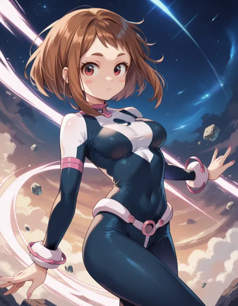 (side angle), ochako uraraka, brown eyes, brown hair, short hair, blush, blush stickers, bodysuit, skin tight, superhero, slende...