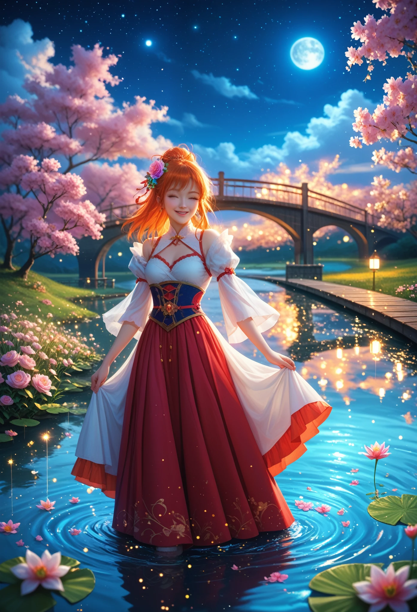 One girl, with a Beautiful Figure, winks, flirting, Standing in a pose, Dressed in Haori, Flowers are painted on the clothes, bow on the belt, cloudy, stars, Small Moon, Water Reflects the Moon, Small Pond, A girl stands on the bridge, Red Wood Bridge, Pond Under the Bridge, bright colors, Precise Elaboration of Details, joy, Shine, Pleasant Lighting, masterpiece, many details, Sakura Flowers on Water, Ripples of water, Starry sky, beautiful view, Lights on the Bridge, Pleasant Shadows,score_9, score_8_up, score_7_up, score_6_up, score_5_up, score_4_up