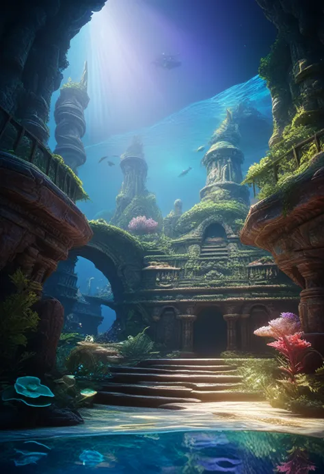 a painting of a beyond-dimensional fantasy world,a world of under the sea,atlantis,science fiction,uplighting,studio ghibli,unre...