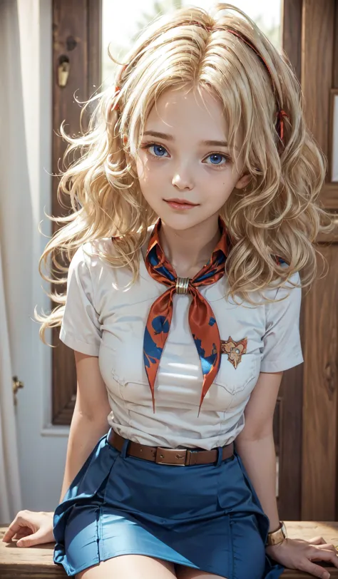 very young slim fit girl, full height, rounded face, (long curly disheveled blond hair:1.4), big blue eyes, shy smile, perfect m...