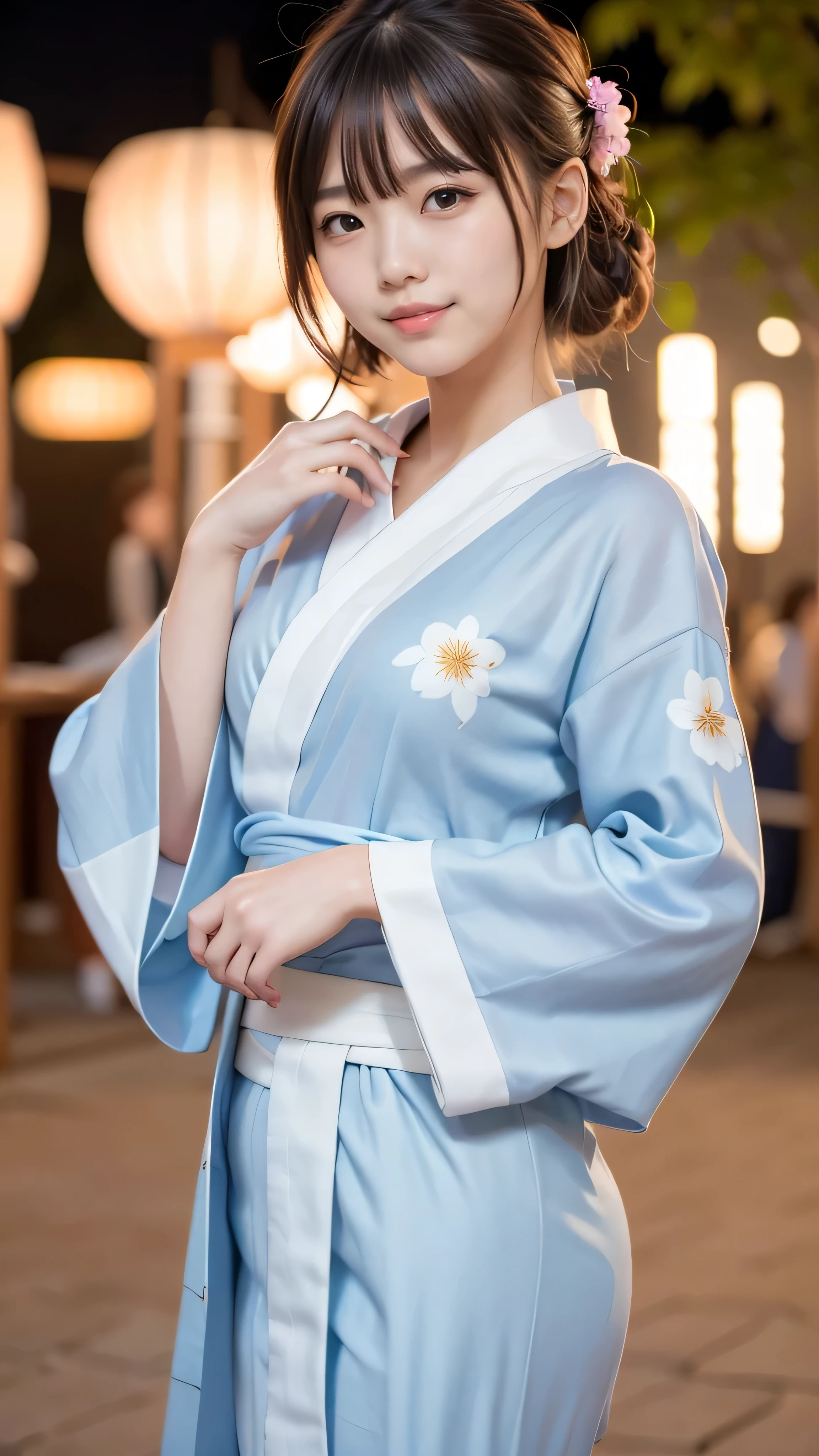 8k,Highest quality,(masterpiece:1.2),(Realistic),(Realistic:1.37),Ultra-high resolution,1 female college student,festival,night,smile,Beautiful Eyes,(((Cute Yukata))),Perfect body,Perfect Fingers,Professional Lighting,gravure,Detailed face and skin texture,fine grain,RAW Photos