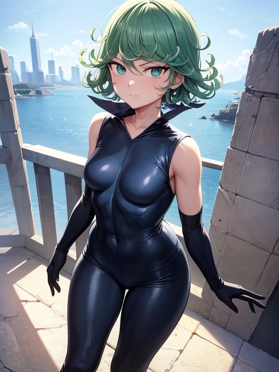 Masterpiece, best quality, ultra detailed, illustration, lighting epic, cinematic composition, 1 girl, Tatsumaki, short hair, green hair, very small breasts, green eyes, bright eyes, smiling, blushing, closed mouth, piercing gaze, full body, Black Collar, Tall, Thin, Shock Collar, Black Gloves, Black Chest Harness Belt, Light Blue Wrist Guards, Sleeveless, Light Blue Likeness Suit, Light Blue Suit With An Emblem, Orange Circular Emblem On Chest, Orange Emblem, Light Blue Pants, Gray Knee Pads, Metallic Light Blue Boots, Black Superhero Belt, City Background, Standing On A Pier By The Sea During Daytime, Looking At Viewer, Anime